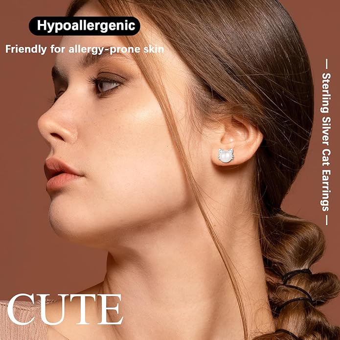 925 Sterling Silver Freshwater Pearl Cat Stud Earrings for Women, Cat CZ Studs Hypoallergenic Jewelry Gift