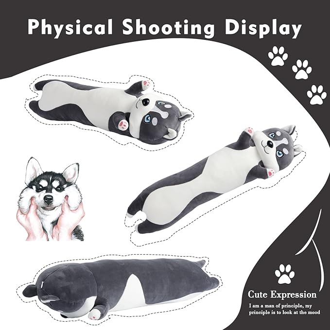 Long Husky Plush Pillow, 51.1in Cute Dog Plushie Stuffed Animals Body Pillow, Kawaii Husky Soft Plushie Doll Toy Birthday Gift for Kids Girlfriend