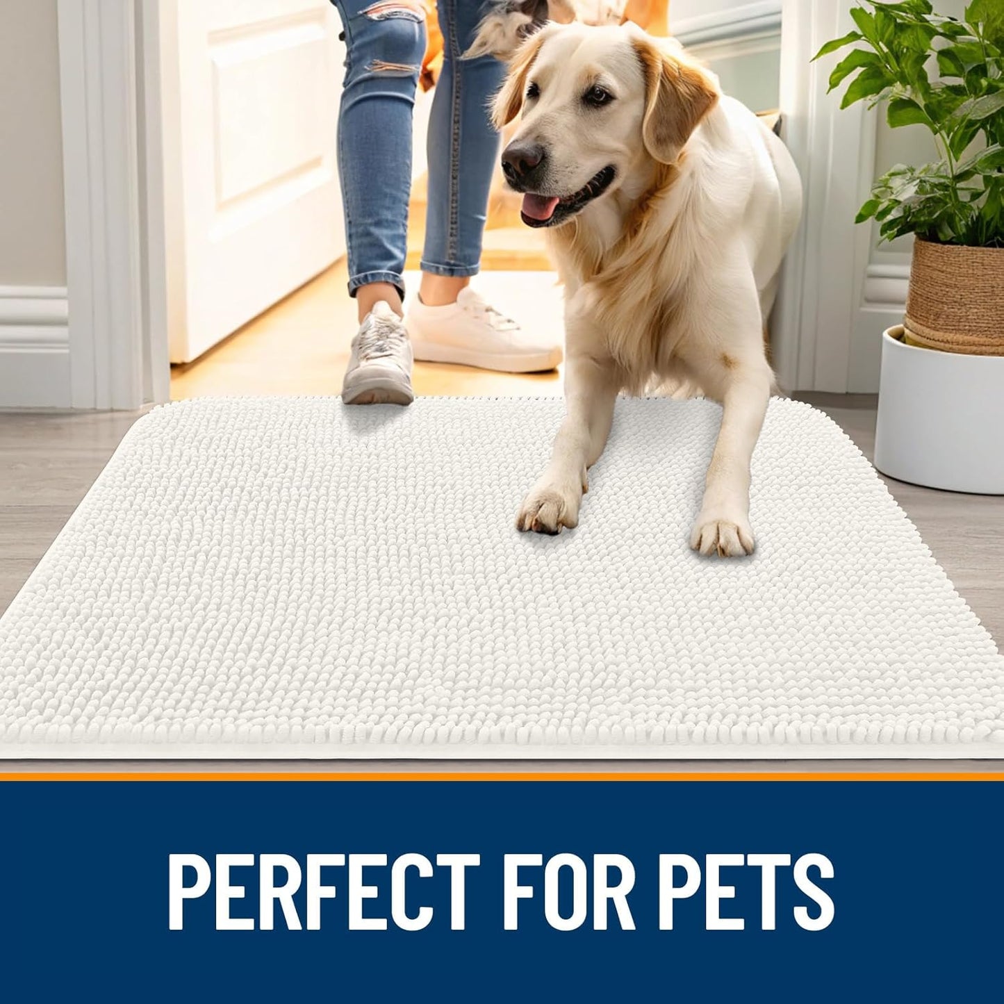 OLANLY Dog Door Mat for Muddy Paws 59x24, Absorbs Moisture and Dirt, Absorbent Non-Slip Washable Doormat, Quick Dry Chenille Mud Mat for Dogs, Entry Indoor Entryway Carpet for Inside Floor, Ivory