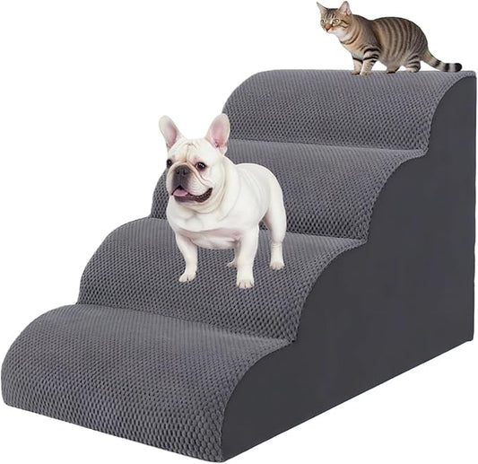 4 Step Pet Stairs Ramp for High Beds Sofas 18-24 Inch with Sturdy Non Slip Waterproof Pads, Machine Washable Cover Indoor Balanced Design for Cats Dogs Small Medium Large XL Pets Grey
