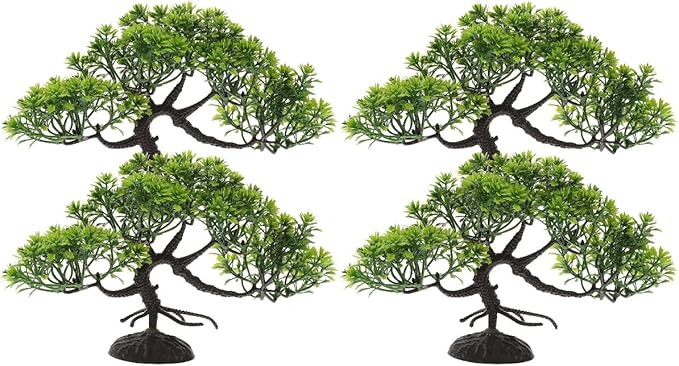 LOGOFUN 4 Pcs Aquarium Bonsai Tree Artificial Water Plant Fish Tank Decorations (Deep Green)