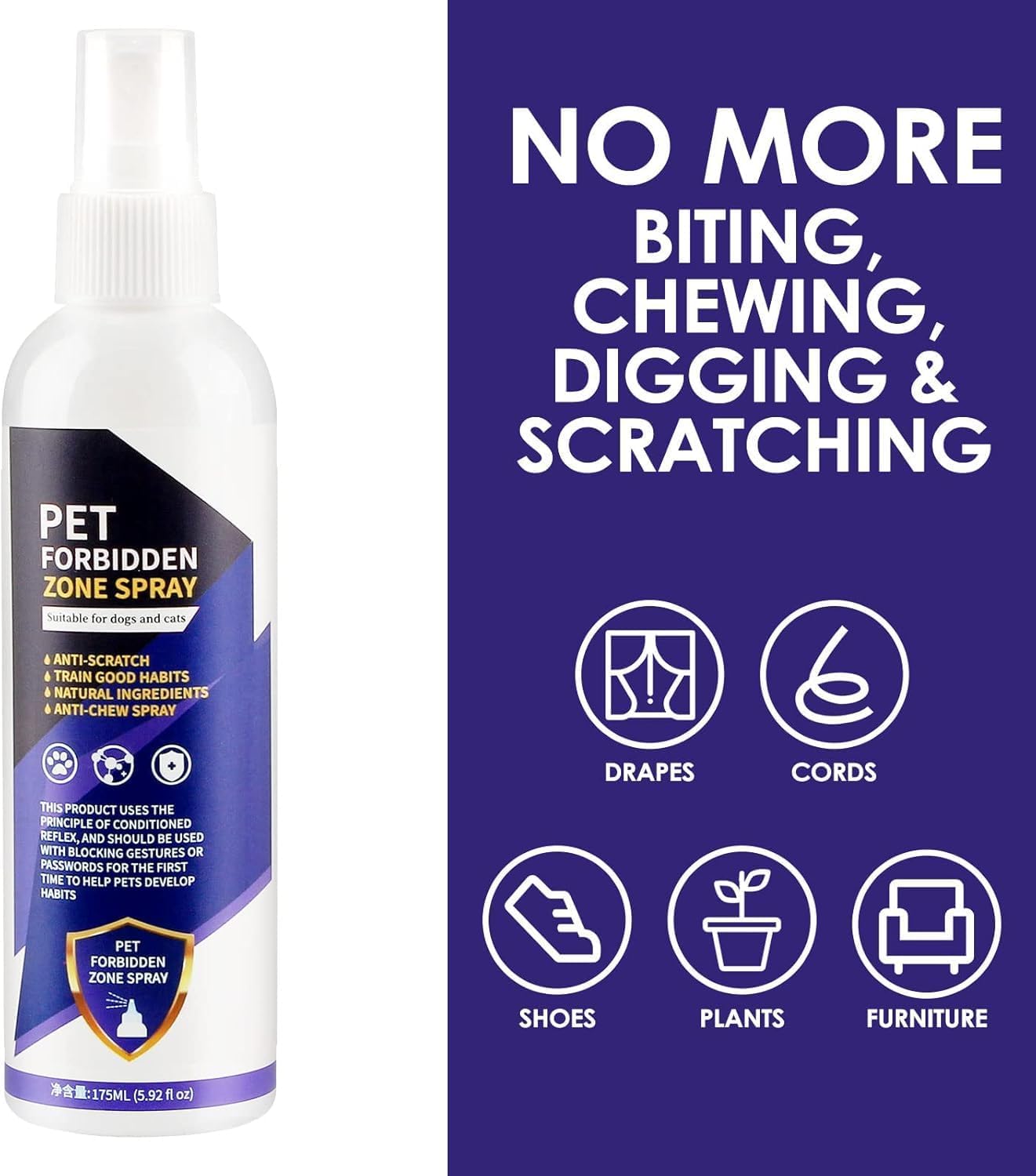 No Chew Spray for Dogs & Cats, 175ML - Bitter Apple Spray for Dogs to Stop Chewing, Effective Dog Deterrent Spray for Carpet Furniture, Anti Chew Spray for Puppies Indoor & Outdoor Safe Purple