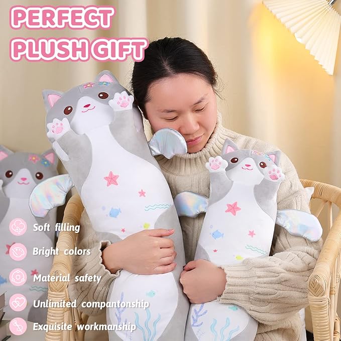 AIXINI Long Cat Plush Pillow Cartoon Cute Gray Cat Stuffed Animals, Soft Kawaii Kitten Plushies Pillow Toy for Kids (Gray,19.7inch)