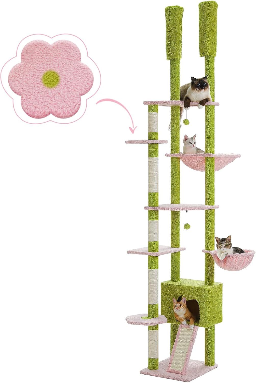 PEQULTI Tall Cat Tree Floor to Ceiling Cat Tower Adjustable Height (90.5''-100.4'' = 230cm-252cm) with Cat Condo, Cozy Hammock and Scratching Post, Pink Flower Climbing Tree for Indoor Cats, Pink