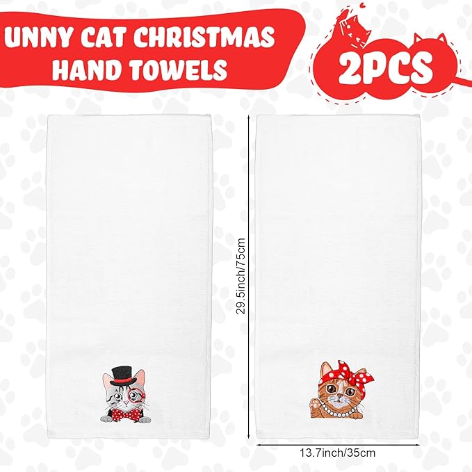 2 Pack Cat Kitchen Towels for Cat Lovers Gift Hand Bath Towels Sets for Bathroom 14 x 29 in 100% Cotton Embroidered Kitten Dish Tea Towel Christmas Holiday Kitchen Items