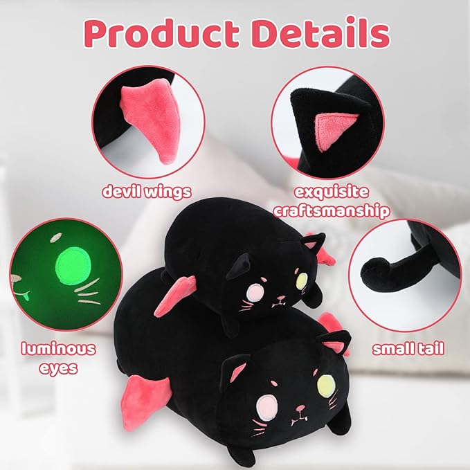 AIXINI Cute Black Cat Plush Pillow 8” Black Kitten Stuffed Animal with Luminous Eyes, Fat Soft Kawaii Plushies Hugging Plush Pillow Toy Gifts