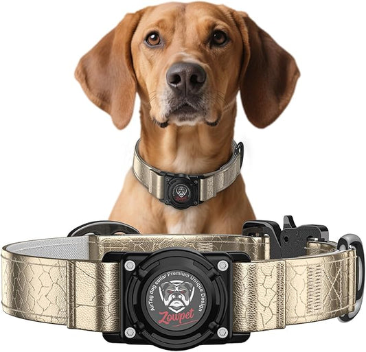 Airtag Dog Collar - Leather Dog Collar with Airtag Holder| IP68 Waterproof AirTag Holder with Metal Buckle, Comfortable GPS Dog Collars Tracker for Medium Large Dogs (Champagne Gold, M)