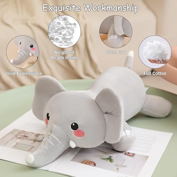 SQEQE Weighted Elephant Plush, Weighted Elephant Stuffed Animal, Cute Plushies Soft Pillow Toy Gift for Kids Adults 23.6 Inch, 3.1 Lbs