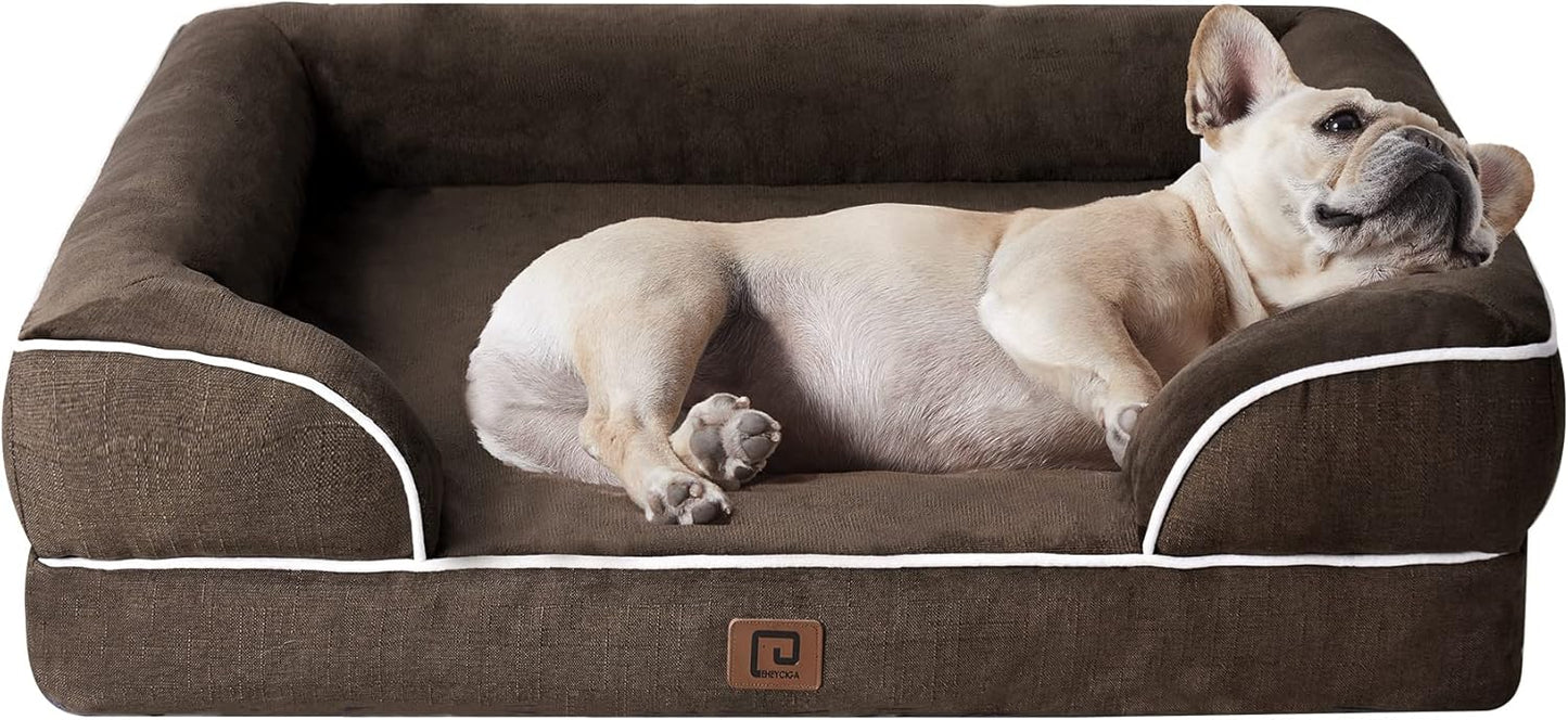 EHEYCIGA Orthopedic Dog Bed for Medium Dogs, Waterproof Memory Foam Medium Dog Beds with Sides, Non-Slip Bottom and Egg-Crate Foam Pet Couch Bed with Washable Removable Cover, Brown