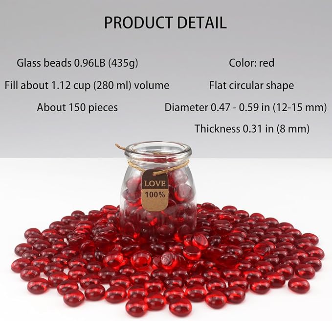 0.96LB Glass Beads Vase Filler Aquarium Gravel Decor Flat Glass Marbles Gems Pebbles Fish Tank Rocks Home Decorative Art Craft - Red