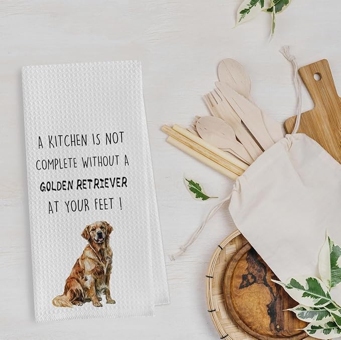 Golden Retriever Dish Towels Set - Waffle Weave Kitchen Hand Tea Towels for Bathroom, Decorative Gifts (1624 Inches, Set of 2)