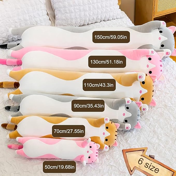 Long Cat Plush Pillow Soft Cat Hugging Pillow Stuffed Animal Pillow Cute Kitty Sleeping Throw Pillow Gift for Kids(70cm/27.55inch,Yellow