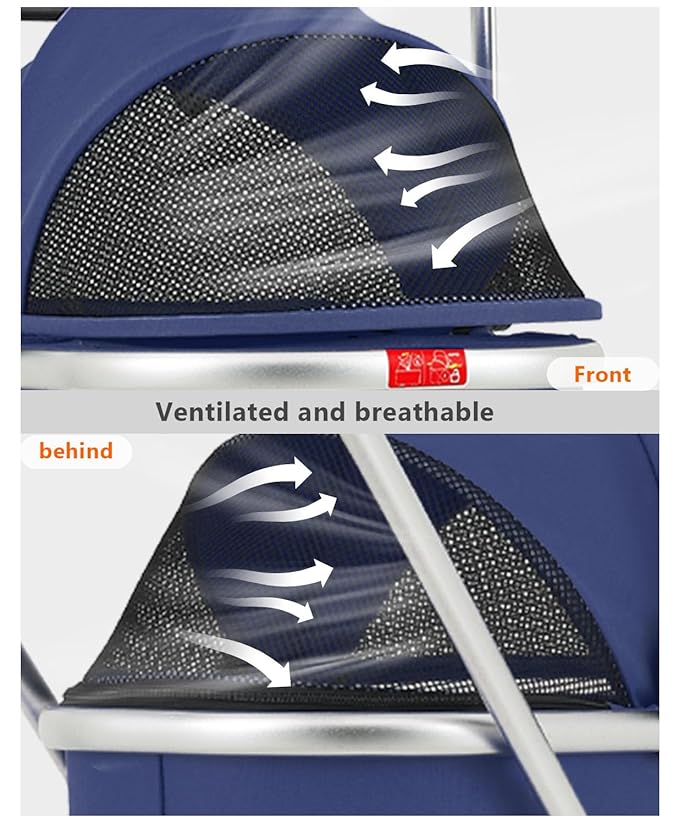 Pet Stroller with 4 Wheels for Small/Medium Pets, 3 in 1 Travel Foldable Detachable Carrier for Dog Cat Cage Jogger Stroller, Rear Wheel Breaks, Storage Basket, Car Seat (Navy Blue)