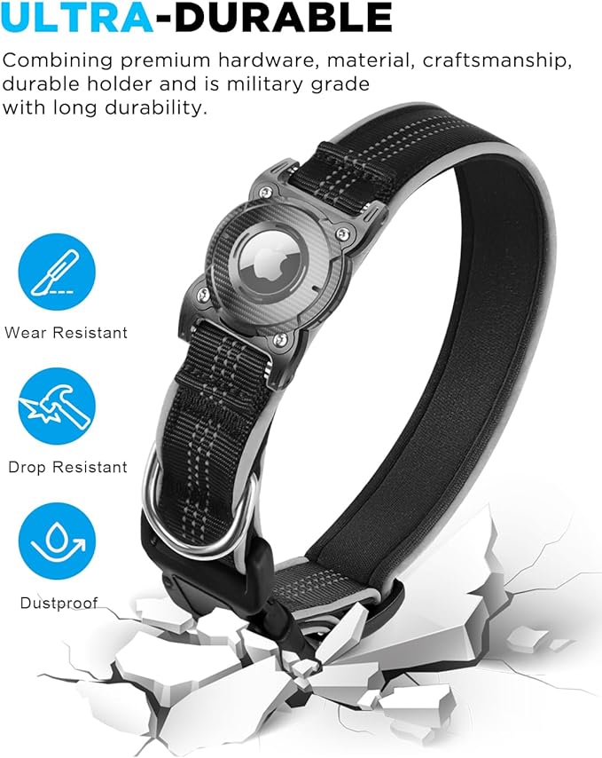 ONEONTA Airtag Dog Collar | Waterproof Airtag Dog Collar Holder with Removable Metal Loop - Airtag Collar Heavy Duty, Reflective, Ultra-Durable, Comfortable Padded, for Small Medium Large Dog, Black M