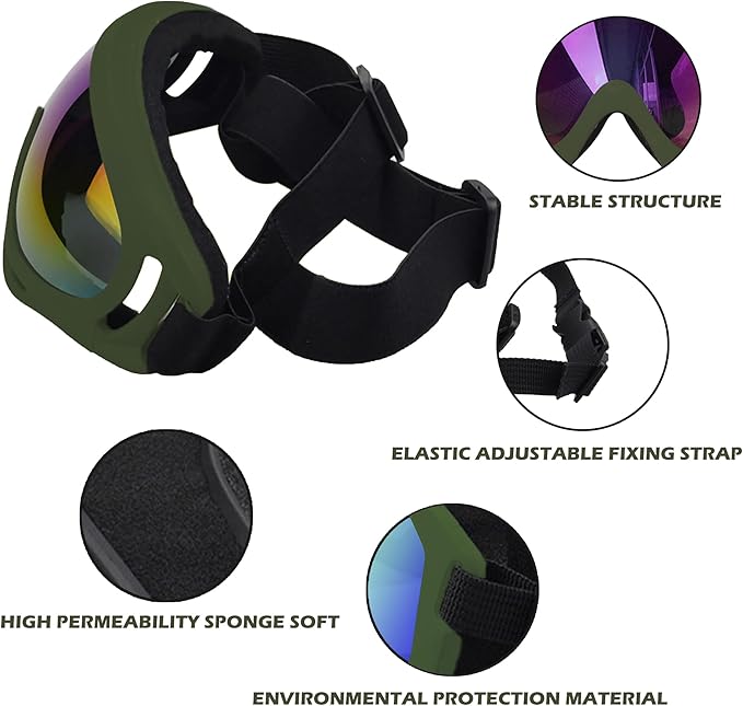 Large Dog Sunglasses with Adjustable Strap UV Protection, Suitable for Medium-Large Dogs, Soft Goggles (Army Green Frame)