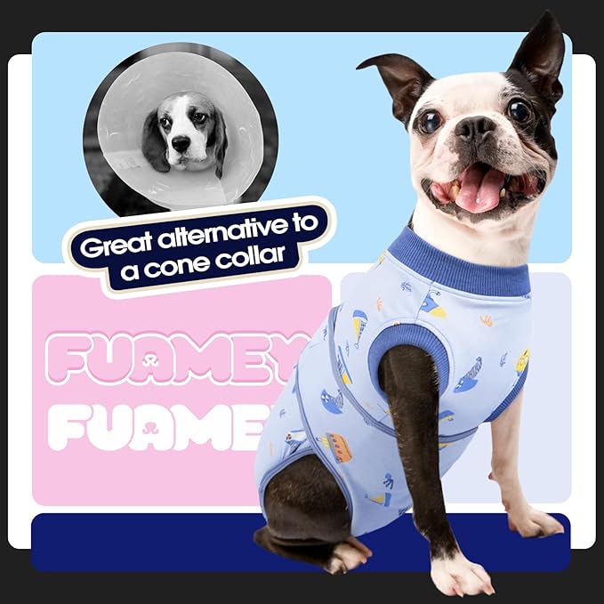 FUAMEY Recovery Suit for Dogs After Surgery,Soft Breathable Dog Bodysuit E-Collar & Cone Alternative Surgical Suit,Male Female Dog Neuter Spay Suits Anti Licking Wounds Onesie Blue Boat XS