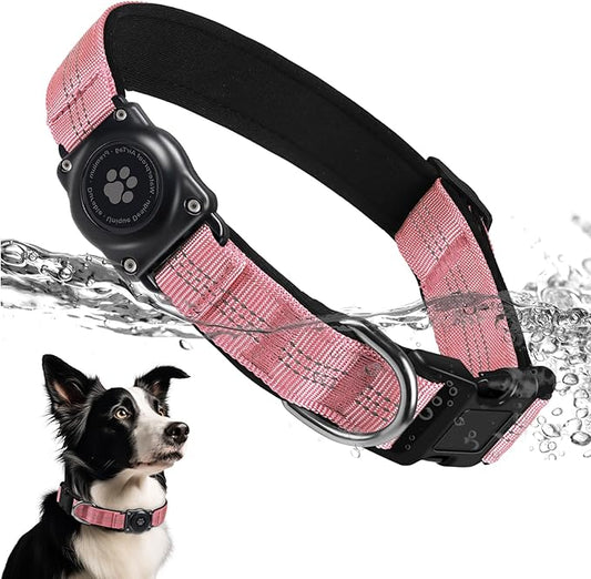 Upgraded AirTag Dog Collar, IP68 Waterproof Air Tag Dog Collar Holder, Reflective, Ultra-Durable, Comfortable Padded, Heavy Duty Dog Collars for Small Medium Large Dogs (XL (15.6"-22"), Pink)