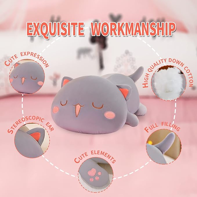 FUYU Cat Stuffed Animals, Soft Cat Plush Pillow Kawaii Kitten Stuffed Animal Toy Gifts for Kids Boys Girls Room Decor (Gray Squinted,35in/87)
