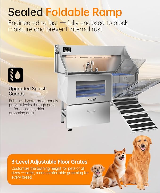 polimo Dog Washing Station with Dryer & LED, Professional Stainless Steel Grooming Tub, Dog Bathtub for Large, Medium & Small Dog, w/Window, Ramp, Drawer, Floor Grate &Fauct （Right RAMP & Dryer, 50"）