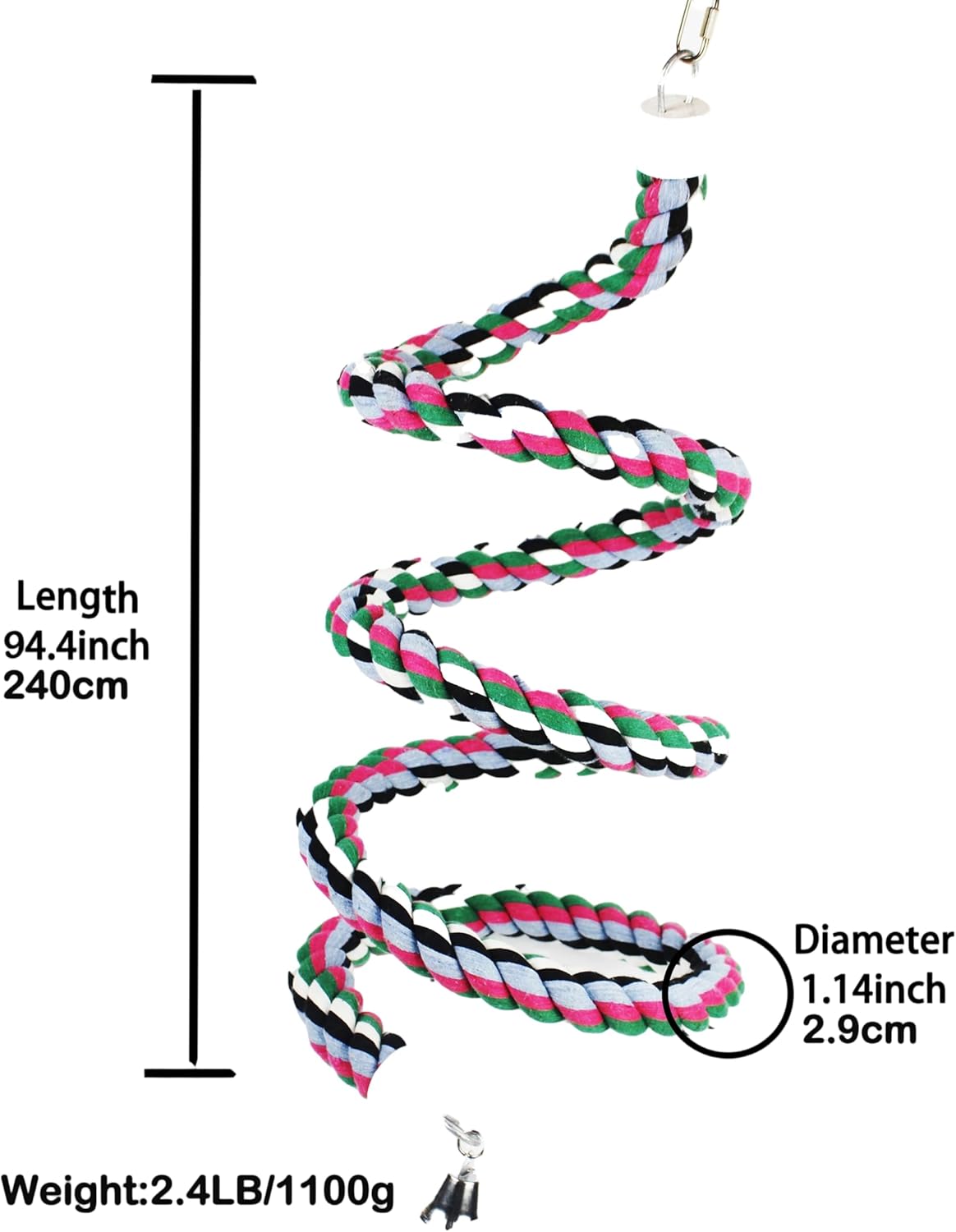 94.4inch Length Colorful Cotton Bendable Rope Perch Swing Bird Chew Toys Amazon Parrots Cage Toys with Bell Swing Climbing Standing Bungee Bird Toys for Regular to Big Size Birds