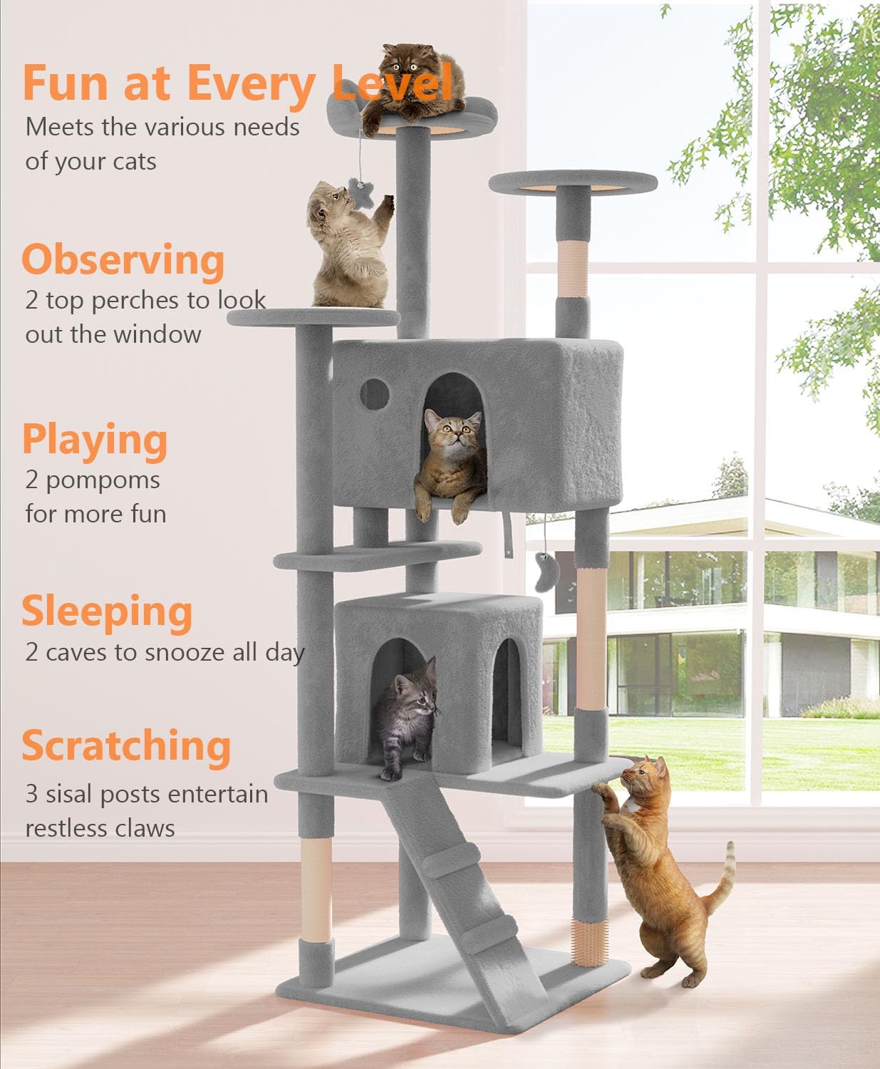 77'' Cat tree Tower for Indoor Cats Large Adult,Cute/Tall Modern Cat Tree for Big Cats 20 lbs,Plush Multi-Level Cat Condo with Scratching Posts,Dangling Ball for fun play(Light Gray, 77 inch)