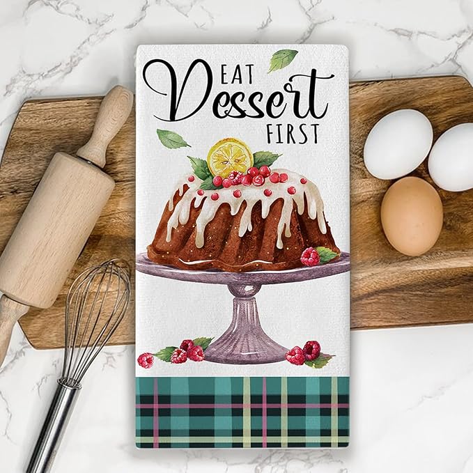 Eat Dessert First Kitchen Dish Towels Set of 2, Coffee House Drying Hand Towels Cupcake Cheesecake Brownie Baking Cooking Cloth, Plaid Farmhouse Home Kitchen Decoration 18 x 26 Inch
