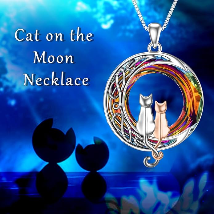 TOUPOP Cat Gifts for Cat Lovers 1 2 3 Cats Necklace Sterling Silver Cat on the Moon Pendant Necklace with Blue Circle Crystal Birthday Christmas Celtic Jewelry Gifts for Women