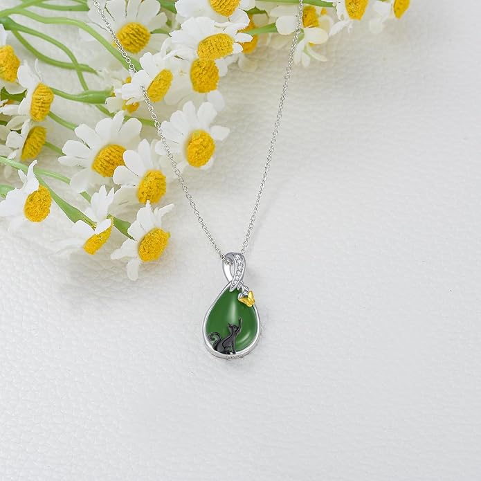 Green Jade Necklace Sterling Silver Teardrop Hummingbird/Dragonfly/Butterfly/Bee/Cat/Cardinal/Owl/Fox/Sloth Natural Jade Jewelry Birthday Mothers Day Christmas Gifts Women Mom Her