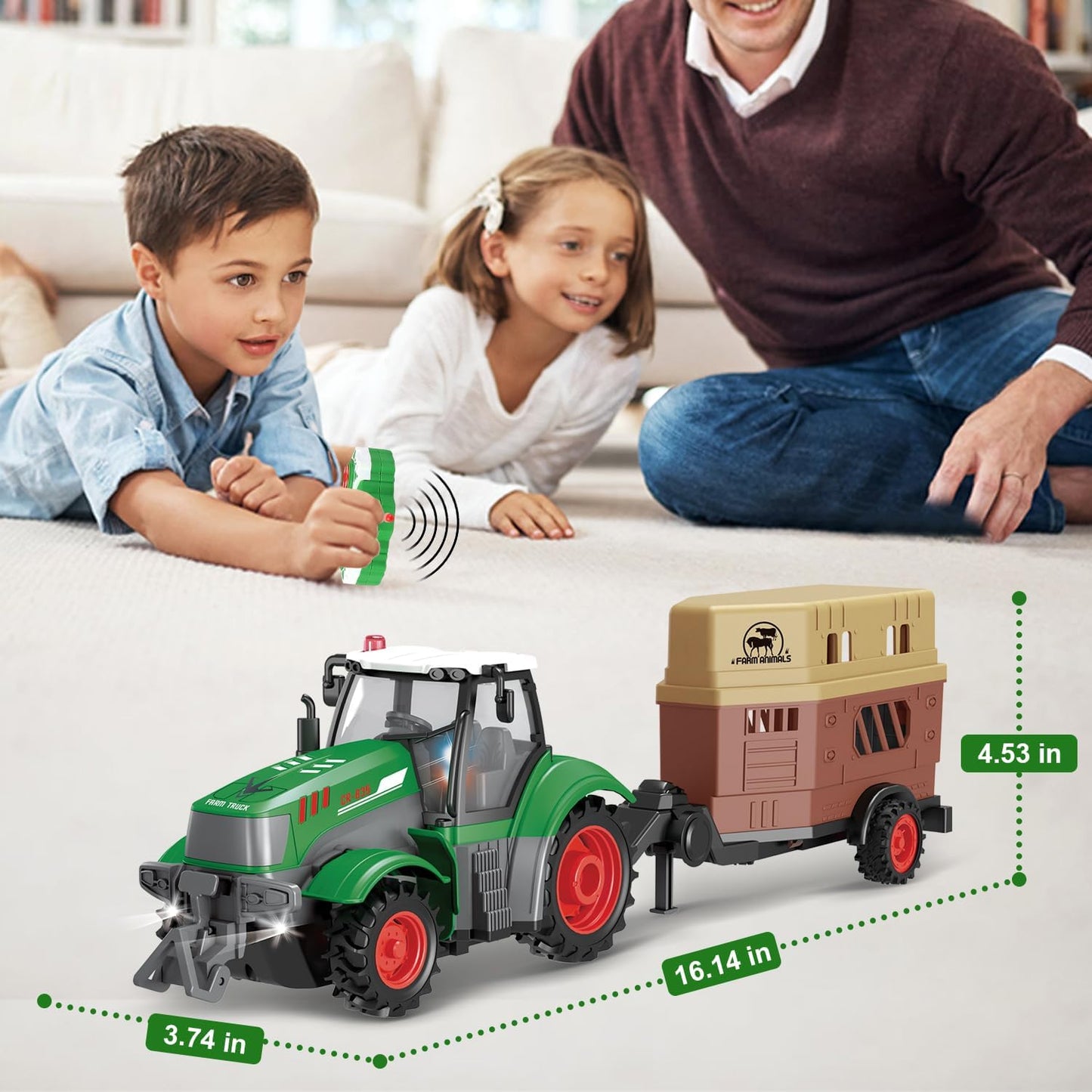 fisca Remote Control Tactor Toy Set & 33PSC Farm Vehicle Playset - Animal Figurines ,2.4GHz 1/24 Scale RC Tractor,Livestock Trailer, Fence with Light for Kids Age 4, 5, 6, 7 and Up Years Old