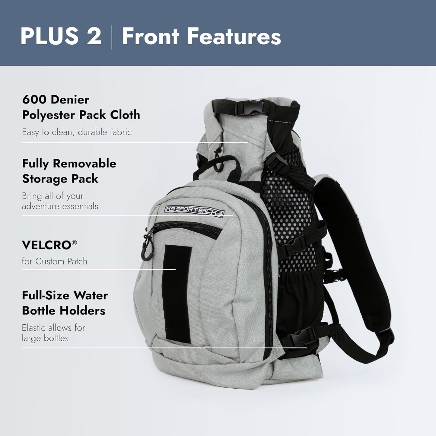 K9 Sport Sack Plus 2 - Small, Light Grey - Ideal for Dogs 13-16” Long - Adjustable, Backpack-Style Carrier with Multi-Functional Storage Pack, Thick Shoulder Straps & Padded Back Panel
