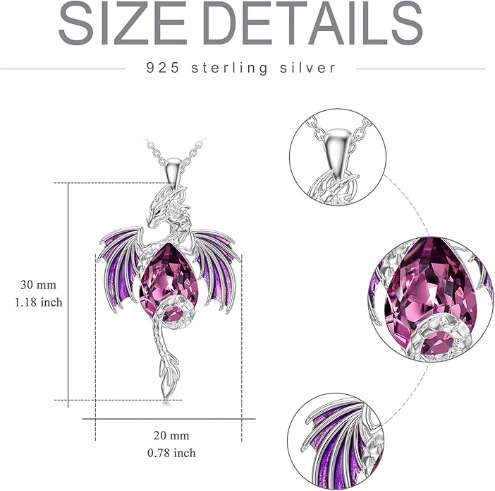 Dragon Necklace for Men Sterling Silver Birthstone Wyvern Necklace Embllished with Teardrop Shaped Crystal Jewelry for Women