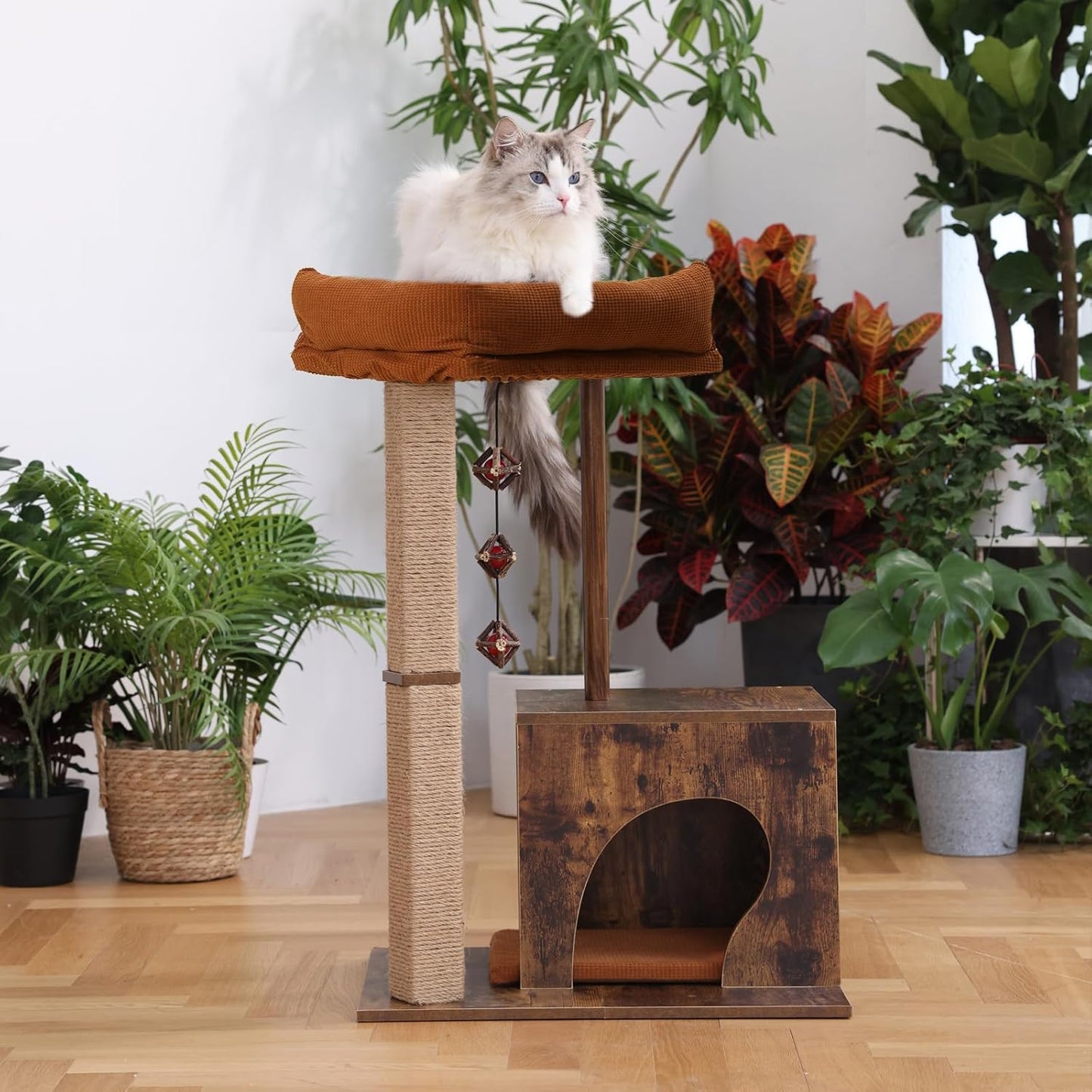 FUKUMARU Cat Scratching Post, Modern Style Cat Tree with Unique Square Post, Wooden Cat Tower with silvervine Balls, Retro Cat Condo Scratcher for Indoor Cats（Solid Wood）