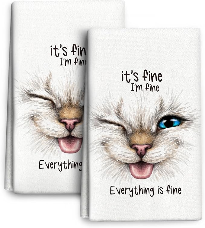 Funny Cat Kitchen Towels Decorative Set of 2, Soft Absorbent Cute Dish Towels for Kitchen Drying, Bar Tea Hand Towels Bathroom Farmhouse Decor Gifts for Cat Lovers 16"x24"