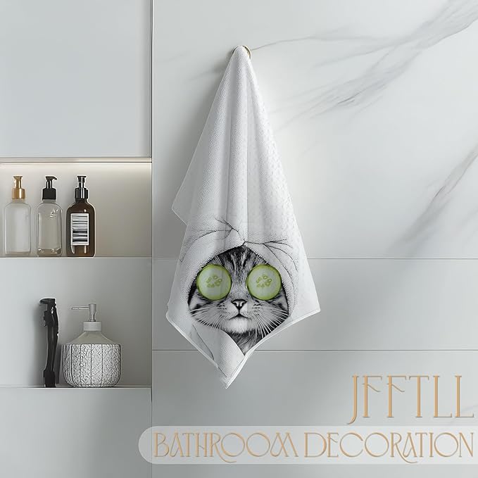 Funny Cucumber Cat Bathroom Hand Towels, Cat Mom Lady Lovers Gifts for Women, Cute Bathrobe Kitten Hand Towels for for Bathroom Washroom Restroom Decor, 16x24 Inch