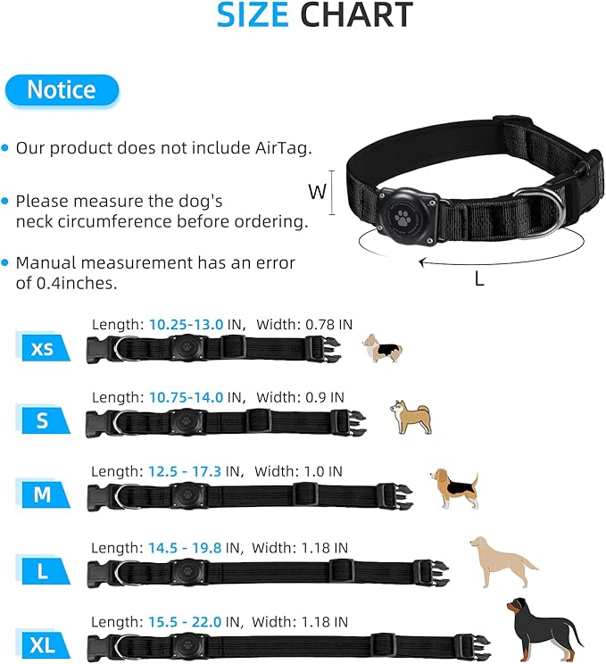Upgraded AirTag Dog Collar, IP68 Waterproof Air Tag Dog Collar Holder, Reflective, Ultra-Durable, Comfortable Padded, Heavy Duty Dog Collars for Small Medium Large Dogs (XS (10.25"-13"), Black)