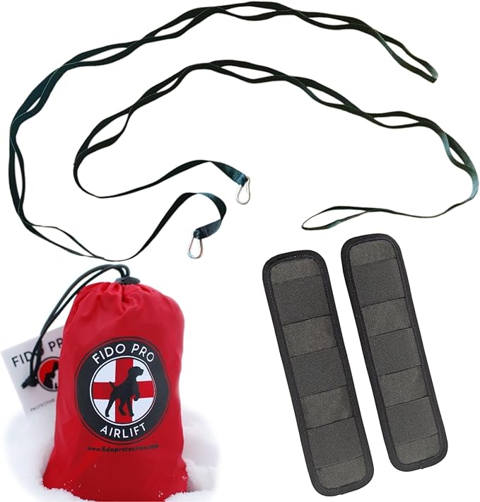 Fido Pro Airlift Emergency Dog Rescue Sling - XL 2 Person Carry System for Extra Large Dogs - Adjustable Shoulder Padding - Lightweight, Packable Dog Sling for Hiking, Skiing - Fits Dogs 70-160 lbs