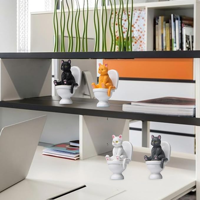 White Miniature Cat Figure Sitting On Toilet Cat Statue Figurine Resin Home Decor Cartoon Animal Garden Statues,Garden Miniatures Arden Sculptures and Statues