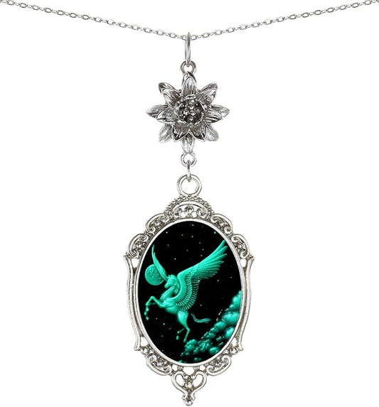 Yspace Lotus Charm Necklace Antique Decor Cameo Pendant 2 Chains Velvet Pouch for Gift