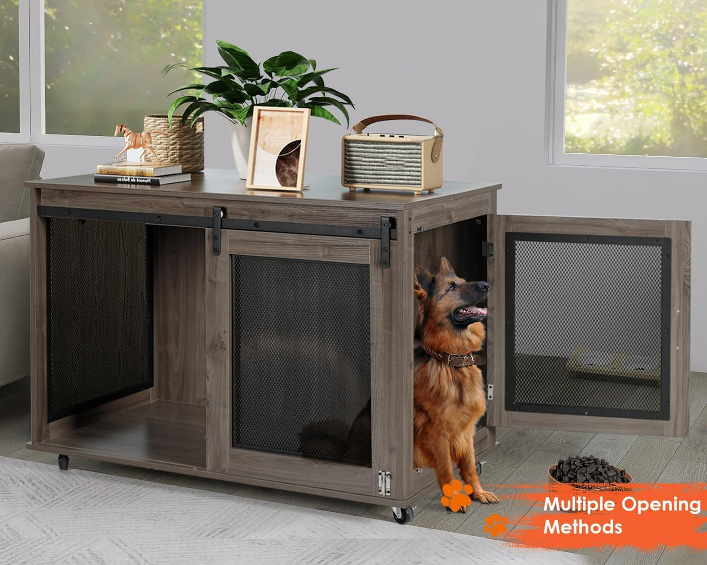 LINLUX 47 Inch XL Dog Crate Furniture, Wooden Heavy Duty Dog Kennel Indoor, Decorative Dog Cage Table for Extra Large Dogs, with Sliding Doors, Wheels and Flip-top Plate