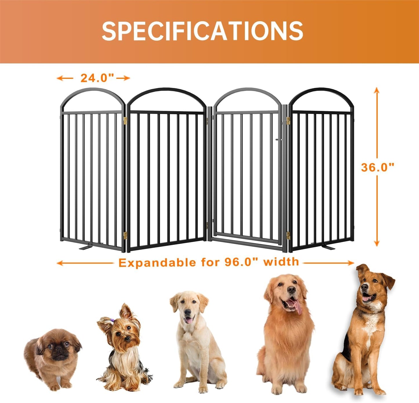 4 Panles Full Matel Freestanding Dog Gates with Door, 96"Extra Wide 36"Tall Free Standing Dog Pet Gate for Indoor & Outdoor. Foldable Pet Fences for Doorways, House, Stairs, Porch, Deck, Yard