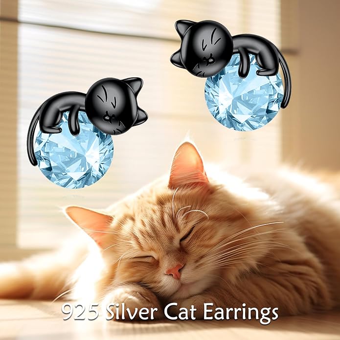 Sterling Silver Birthstone Black Cat Stud Earrings - Cat Birthstone Earrings for Women's Birthday Gift