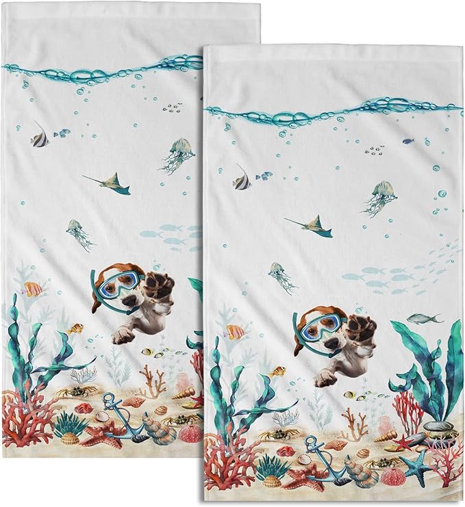 Funny Dog Hand Towels Set of 2 Teal Blue Sea Ocean Small Bath Towels Soft Absorbent Decorative Towels for Kitchen Dish Spa Yoga Guest