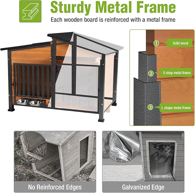 GUTINNEEN Dog House Outdoor Dog Kennel with Chew-Proof Metal Frame, Rotating Food Bowl, PVC Door Curtain, Weatherproof for Small Medium Dogs, 39.7" L x 25.5" W x 32.2" H (Dark Brown)