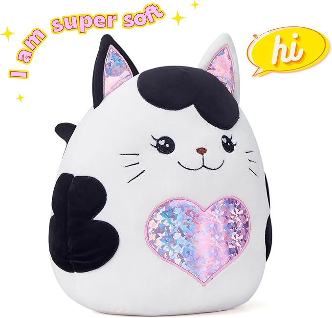 Large Cat Plush Pillow Stuffed Animal Toy,with Heart Big Size Cute Soft 13" Fat Kawaii Hugging Cuddle Huggable Adorable Plushie,Gift for Kids