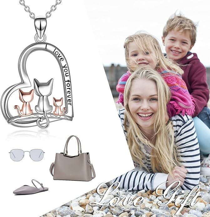 POPLYKE Cat/Family Cat Necklace for Women 925 Sterling Silver Celtic Moon Cat Wiccan Jewelry for Wife