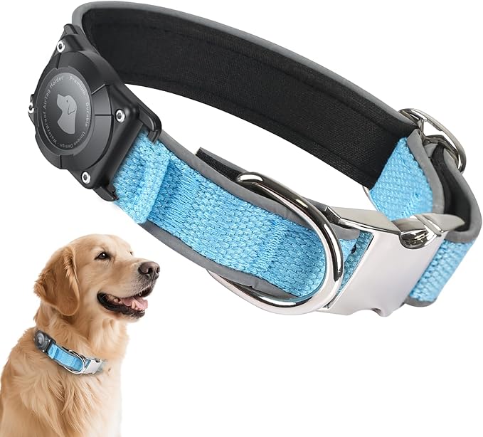 Waterproof Airtag Dog Collar - Nylon Collar with Durable Airtag Holder, Reflective&Anti-Lost with Safety Metal Buckle, Soft Padded Adjustable for Small Medium Large Dogs Blue M
