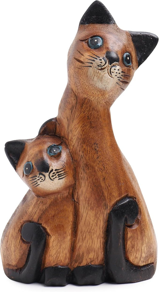 Wooden Cat Figurine Home Decor - Hand Carved Cat Gifts for Cat Lovers - Cat Statue Figure - Cat Decor for Home Office Accessories - Wood Cat Collectible Sculpture - Feline Cat Gift for Women