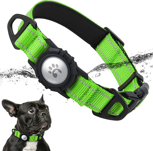 TagME Airtag Dog Collar,Waterproof Reflective Pet Collar with Airtag Holder,Soft Padded and Double D-Rings for Puppy,Green