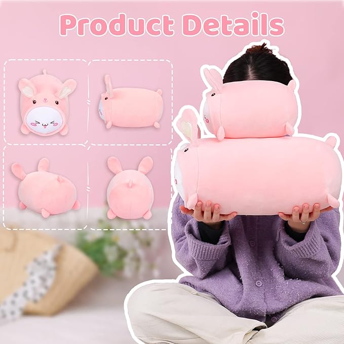 AIXINI Cute Cat Rabbit Plush Pillow 15.7” Kitten Bunny Stuffed Animal, Soft Kawaii Cat Plushie with Rabbit Outfit Costume, Hugging Plush Squishy Pillow Toy Gifts for Kids
