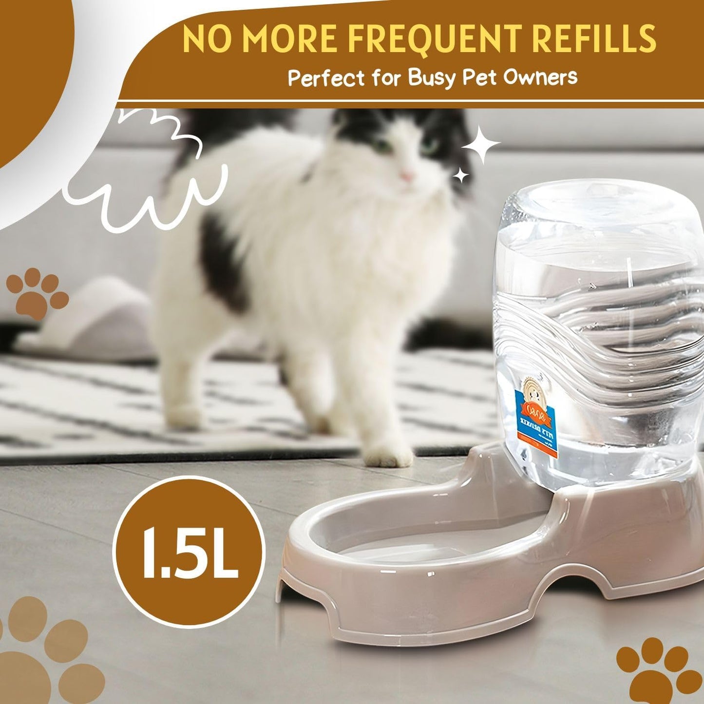 Flexzion Automatic Gravity Pet Waterer for Cat & Dog - Non-Skid & Easy-Clean Auto Replenish Water Dispenser Drinking Bowl (3/8 Gallon / 1.5L), Beige